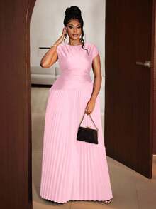 Maweii Plus Size Women Elegant Solid Color Pleated Round Neck Sleeveless Dress - Pink - View 3