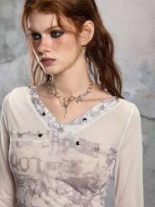 ROMWE EDITION Fairy Punk Rebellious Sheer Mesh Lace Rivet Splice Fitted Long Sleeve T-Shirt - Apricot - View 5