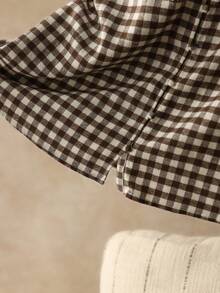 Elaquor Camisa casual de talla grande con estampado a cuadros y bordado floral, otoño - Café integral - Ver 5