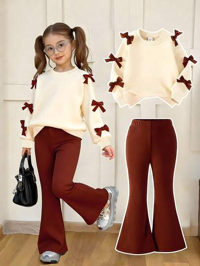 2pcs/Set Young Girl' Minimalist Fashion Pink Bow Black Top And Pink Pants Sweatsuit Set Fall Winter