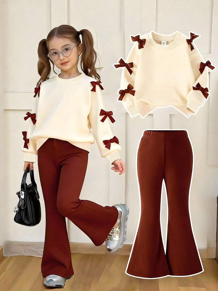 Sparklyn 2件套年轻女孩简约时尚粉色蝴蝶结黑色上衣和粉色裤子运动服套装