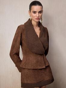 NOVVYNE 女士复古仿麂皮两件套，包括毛领外套和高腰裙，秋冬欧美风 - 棕色 - 查看 4