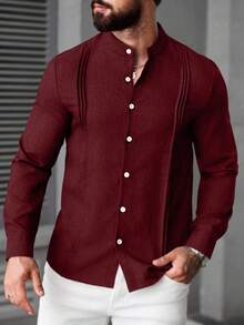 Manfinity CasualCool Áo sơ mi nam tay dài đơn hàng khuy đơn xếp ly thường ngày màu trơn - Màu Đỏ Sâu - Xem 6