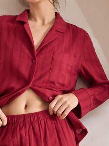 Ocili 天然舒适无弹力亚麻褶皱长袖上衣和裤子女士睡衣套装，冬季服装 - 酒紅色 - 查看 7