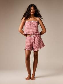 AiiRZ Gingham Christmas Pajama Set For Women Ruffle Hem Cami Top Shorts Sleepwear Loungewear Summer Nightwear - Multicolor - View 4