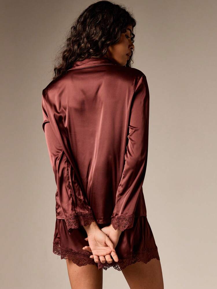 Satin Lace Trim Pajama Set With Long Sleeve Shirt