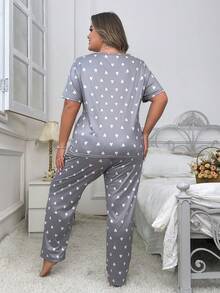 Doze Lane Plus Size Heart Printed Short Sleeve T-Shirt And Long Pants Pajamas Set, Suitable For Summer, Outfits - Grey - View 2