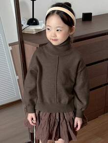 Dazy Kids Sweater Turtleneck Warna Polos untuk Anak Perempuan, Musim Gugur - Coklat - View 5
