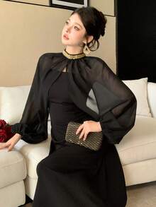 DAZY Women's Elegant 2 Pieces Set: Beaded Collar Mesh Blouse And Long Slip Dress - Black - View 5