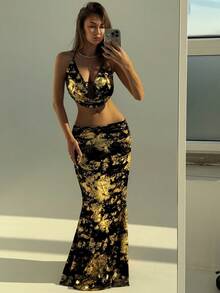 Aloruh Bộ 2 món áo hai dây hở lưng cổ sâu gợi cảm màu đen và vàng + chân váy cạp siêu dài, thích hợp cho tiệc tùng và khiêu vũ - Nhiều màu - Xem 7