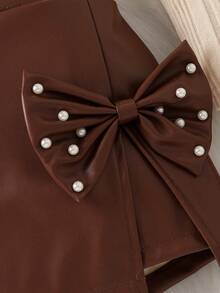 Sparklyn 3pcs/Set Fashionable & Elegant Girls Outfit: Puff Sleeve Ribbed Knit Top + Beaded Bow Shorts + Beret Hat, Autumn/Winter - Brown - View 4