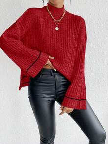 SHEIN LUNE Sweater Pullover Wanita Lengan Panjang Longgar Kasual - Merah - View 6