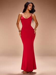 Radiana Women's Sexy Elegant Luxurious Red Chiffon Capelet Shawl & Bodycon Mermaid Dress 2-Piece Set. Shawl + Spaghetti Strap Dress. High-Stretch Knit Fabric Hugs Body, Flattering Silhouette. Suitable For Party, Banquet, Gala,  Formal Occasions,Evening, Date, Cocktail Party, Dance, Valentine's Day - Red - View 8