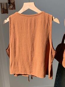 Comfortcana Brown Linen Tie Front Shirt For Women,Brown Top