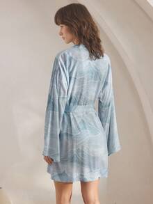 Ocili 休闲简约光滑睡袍，印花舒适垂坠女士睡衣，时尚秋夏睡袍轻薄蓝色睡袍，冬季 - 藍色 - 查看 3