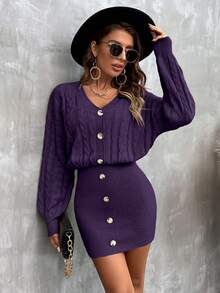 SHEIN Clasi Women's Fashion Drop Shoulder Long Sleeve Button Design Knitted Dress, Autumn/Winter - Purple - View 3