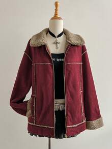 Elamini 棕色绒面革保暖内衬仿羊羔绒领翻领拉链口袋落肩长袖宽松外套，时尚街头风复古优雅高端简约设计，适合休闲、外出、约会、秋冬季穿着。 - 酒紅色 - 查看 4