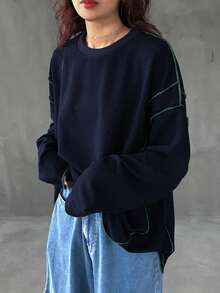 FRIFUL 女士休闲撞色拼接宽松落肩T恤，秋季长袖 - 藏蓝色 - 查看 5