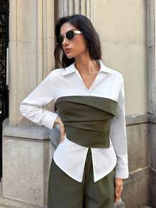 Firerie Elegantes, minimalistisches Büro-Outfit-Set für den täglichen Arbeitsweg, olivgrün und weiß, Langarm-Kontrast-Farbhemd mit asymmetrischer Taille und weite Schlupfhose, Anzug für Damen im Herbst/Winter, grünes Hemd-Set, Arbeitskleidung, Lehrerin-Outfit - Olivgrün - Übersicht 9