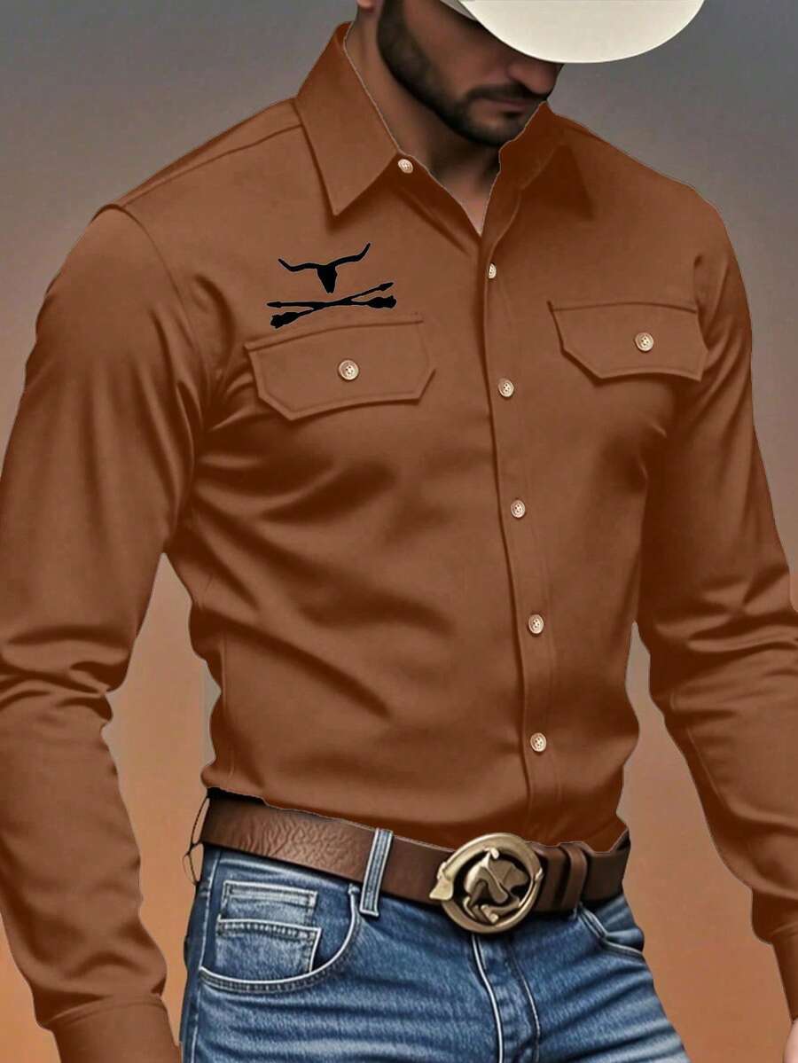 Manfinity Nomadique  Men's Western-Style Brown Loose-Fit Floral Heat-Transfer Long-Sleeve Shirt - Suitable For Halloween, Fall Casual Outings & Western-Themed Events, Also A Thoughtful Gift For Husbands/Boyfriends.
