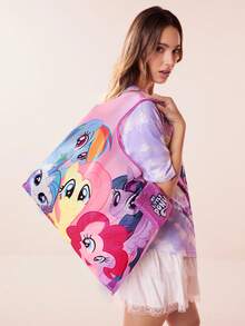 My Little Pony X SHEIN 1 Túi mua sắm gấp gọn bằng polyester in hình các nhân vật hoạt hình dễ thương, túi tote có túi nhỏ đựng đồ kèm dây xích hạt để treo, hình Twilight Sparkle, Rainbow Dash, Fluttershy, Pinkie Pie, Rarity, Applejack, biểu tượng tình bạn, ý tưởng quà tặng. - Hồng - Xem 2