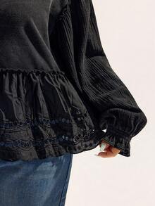 Elaquor Plus Size All-Match Casual Ruffle Patchwork Black T-Shirt, Versatile For All Seasons