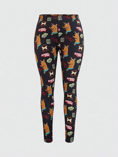 SCOOBY-DOO X SHEIN Plus Size Women Casual Fashion Street Full Cartoon Pattern Elastic Waist Leggings Stretchy Pants Pattern Pants