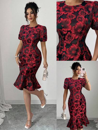 Elenzga Vestido corto de cuello redondo con mangas abullonadas, cintura ceñida, texturizado, jacquard con flores doradas, elegante estilo vintage francés, longitud hasta la rodilla