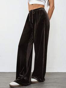 SHEIN EZwear Calça feminina vintage casual folgada de veludo com pernas largas, cor café escuro, outono/inverno - Castanho - Ver 4