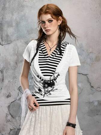 ROMWE Avant Women's Retro Y2K Dystopian Striped Patchwork Hooded Loose Neck Skeleton Chain Print T-Shirt