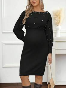 Cheriluna Maternity Pearl Decor 休闲舒适长袖孕妇毛衣连衣裙 - 黑色 - 查看 4