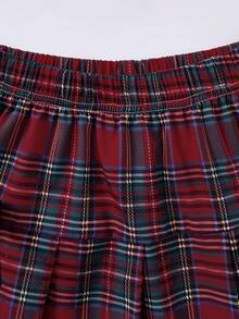 Sparklyn Tween Girls Plaid Collared Patchwork Cardigan With Puff Sleeves And Elastic Waist Pleated Skirt, Academic Style For Spring/Autumn - Red - View 8