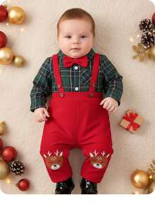 男婴可爱学院风绿色格子长袖衬衫和裤子套装 - 彩色 - 查看 2