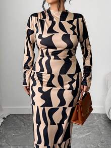 Elenzga 大码女士优雅修身几何印花连衣裙 - 卡其色 - 查看 8