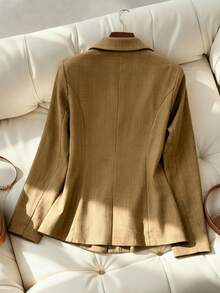 Franclia 女士纯色西装外套，长袖珍珠纽扣开合，适合工作通勤、日常穿着，秋冬季款 - 棕色 - 查看 2
