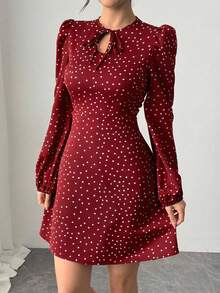 Chiquease Women's Elegant Fitted Waist Polka Dot Print Bowknot Long Sleeve Dress, Spring/Autumn - Burgundy - View 3