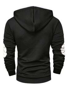 Manfinity Homme 男士纽扣半开襟长袖抽绳休闲连帽衫 - 黑色 - 查看 2