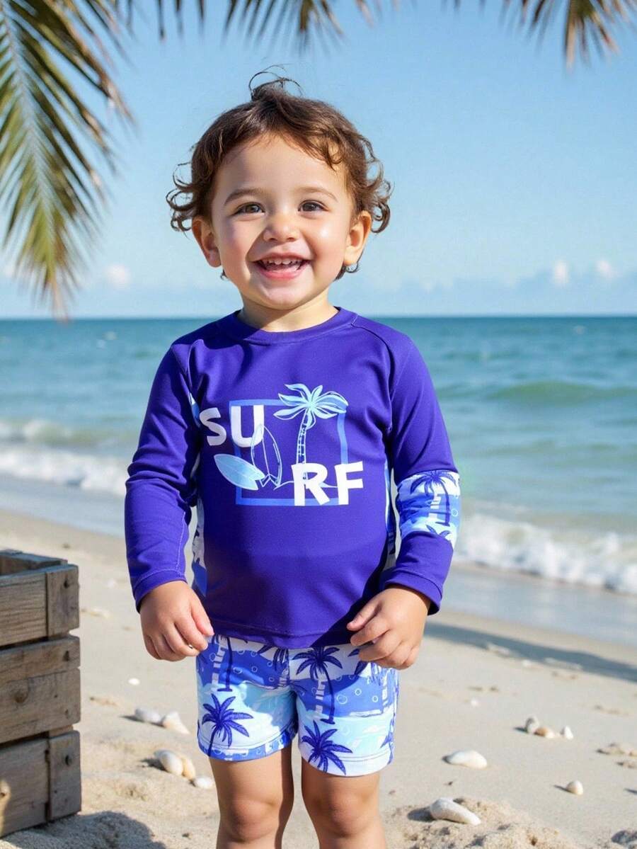 2pcs Baby Boys' Tropical Holiday Themed Printed Short Sleeve Top + Shorts Set - Suitable For Vacation And Pool Play