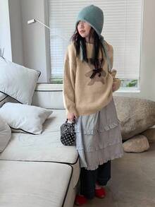 DAZY Tween Girls' Round Neck Bear Pattern Sweater, Autumn - Apricot - View 2