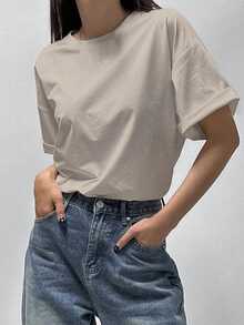 DAZY 女士夏季休闲纯色短袖 T 恤 Y2k - 杏色 - 查看 3