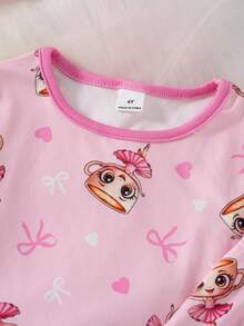 2pcs Young Girls Cute Cappuccino Ballerina Dancer Graphic Long Sleeve Snug Fit Pajama Set, Pink - Pink - View 3