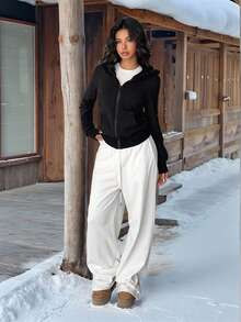 SHEIN Unity 1pc Women's Black Vintage Slim Fit Hooded Jacket, Thermal Lined With Faux Fur Collar, Casual/Commute Wear For Autumn/Winter - Black - View 6