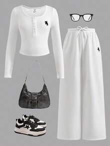 SHEIN Tween Girls' Casual Square Neck Long Sleeve Set - White - View 2