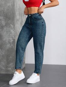 SHEIN ICON Women's Casual Versatile Denim Mom Jeans With Pockets - Dark Wash - View 10