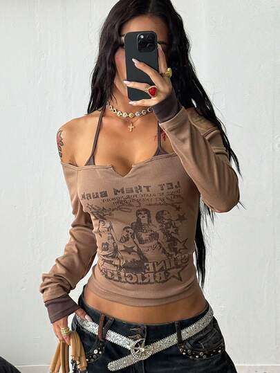 Coolane 女士秋冬街头风复古Y2K哥特摇滚印花弹力舒适卡其棕色吊带长袖T恤