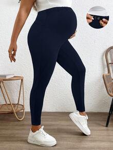 Modmama Plus Size Adjustable Waist Solid Color Casual Leggings, Suitable For Pregnant Women Pregnancy Clothing Maternity Leggings Leggings Plus Size Maternity Workout Clothes Pregnancy Pants - Navy Blue - View 5