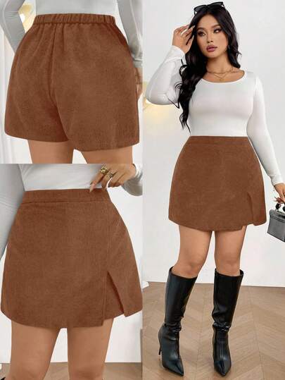 Firerie 大码女式休闲优雅简约罗纹条纹开衩短裤，适合日常穿着，秋冬季百搭