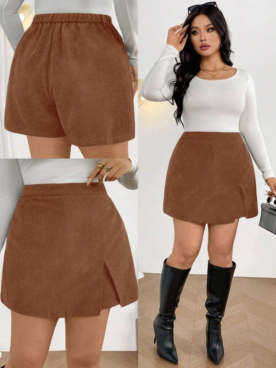 Firerie Plus Size Women Casual Elegant Simple Ribbed Stripe Shorts With Slit, Versatile For Daily Wear, Autumn/Winter - Rust Brown - View 1