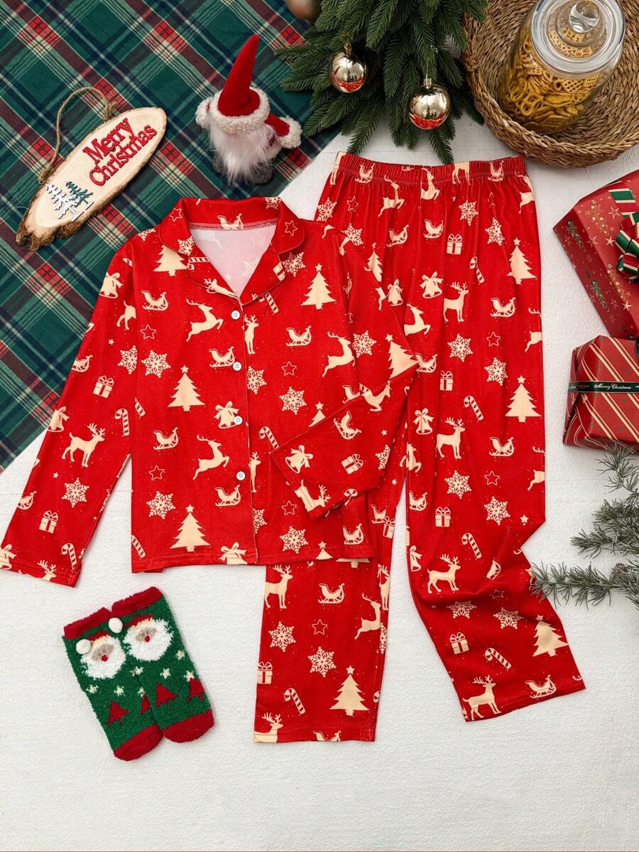 2pcs/Set Girls Christmas Snowflake Print Lapel Long Sleeve Top+Pants Pajama Set,Red Autumn Cute Graphic Lounge Kids Sleepwear For Casual Loungewear - Red - View 1