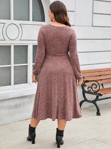 SHEIN Plus Size Twist Waist Long Sleeve Scoop Neck Dress - Coffee Brown - View 2